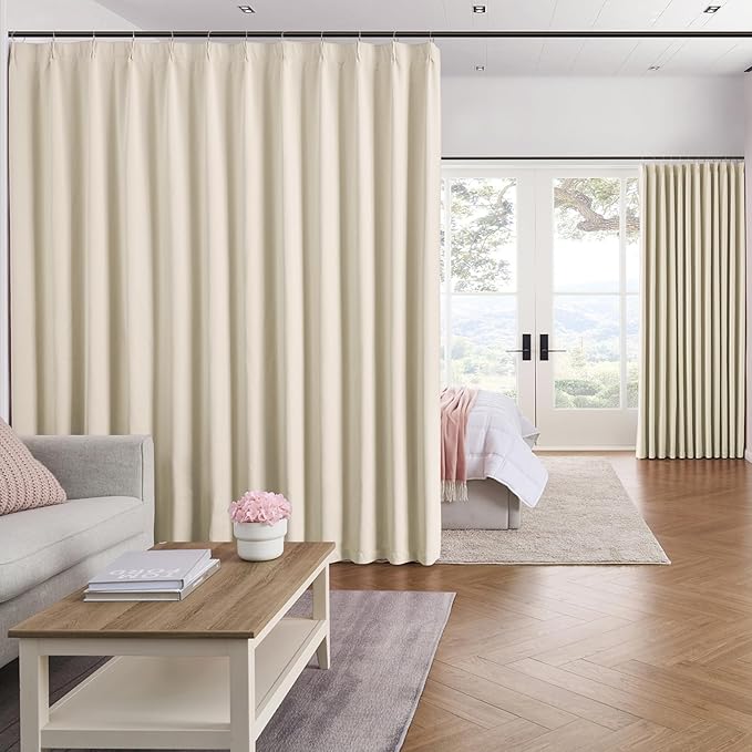 KEQIAOSUOCAI Pleat Patio Sliding Door Curtains 100 Wide x 90 Long Cream Beige Drapes 2 Panels Room Divider Curtain,Wide Width Thermal Insulated Room Darkening Window Treatment for Living Room