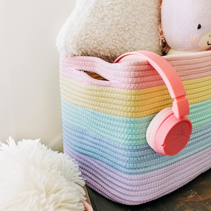 OrganiHaus Set of 3 Cute Rainbow Storage Basket for Toys & Cloths, Cotton Rope Basket for Decor, Shoe Basket Organizers, Decorative Pastel Storage Bins, Woven Storage Baskets for Organizing