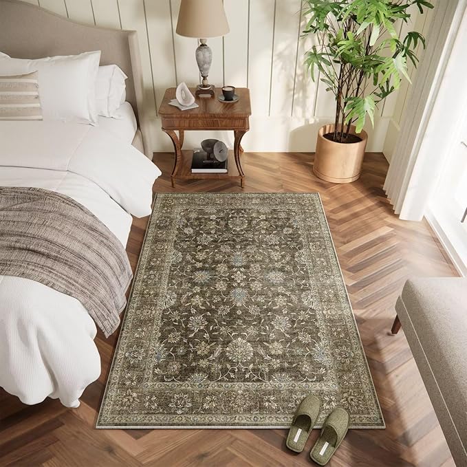 Washable 3x5 Entryway Rug Indoor, Boho Non-Slip Silicone Backing Small Rugs for Kitchen Nursery Office Bedroom, 0.3" Neutral Oriental Throw Carpet with 0.16" Cushioning Pad, Flaxen/Multi