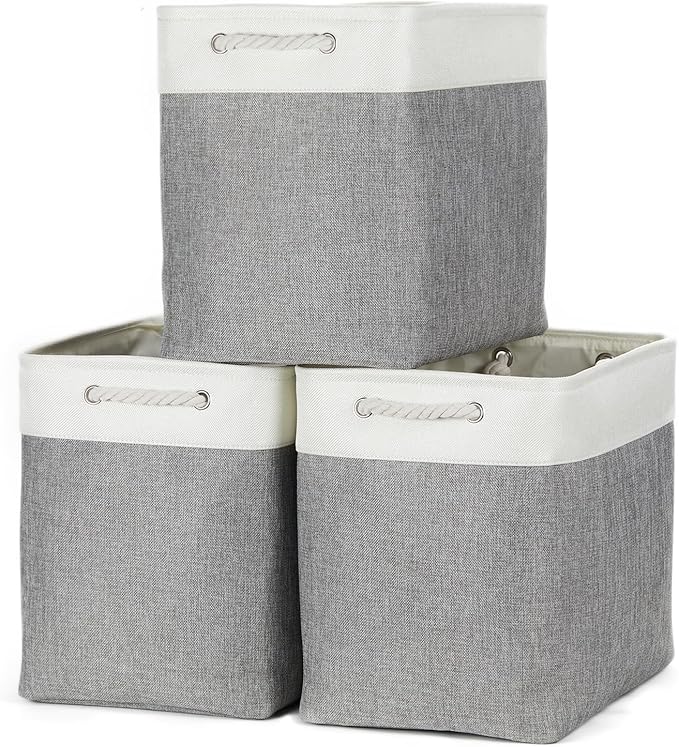 Bidtakay Extra Large Storage Baskets for Organizing 17x12x15.1 inch 3-Pack Fabric Closet Organizers Storage Bins with Handles Foldable Storage Baskets for Shelves Clothes XL-White&Grey