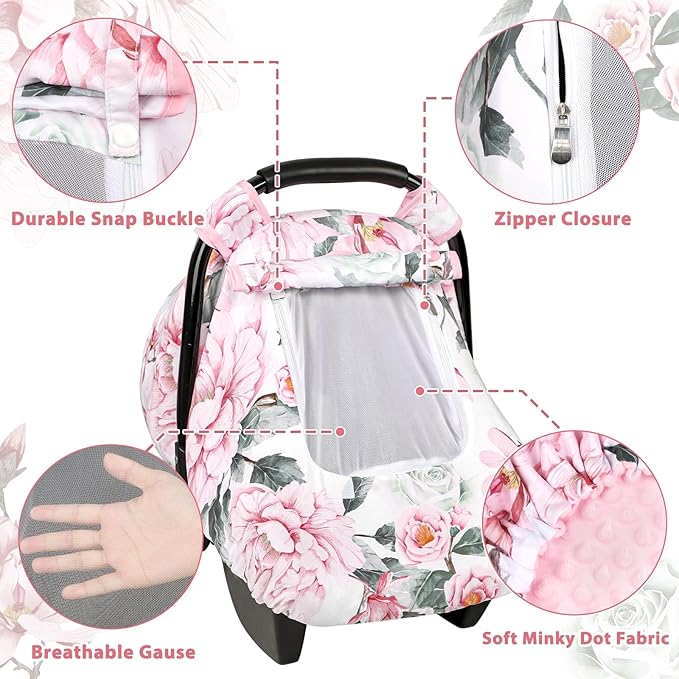 Pea Pod Car Seat Cover for Baby Girls, Floral Infant Car Seat Canopy Cover for Newborn, with 2 Layers Windows of Breathable Mesh/Fabric, 3D Minky Dot Backing, Ultra Soft & Comfortable