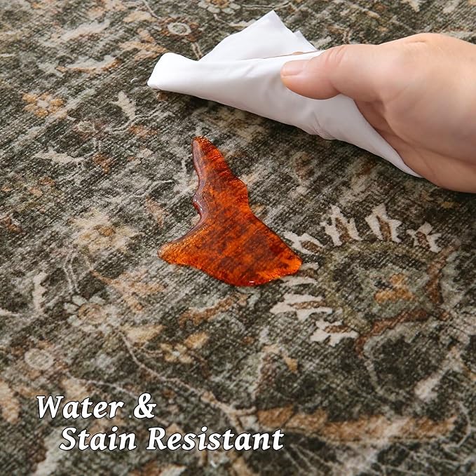 Washable 4x6 Rugs for Living Room, Boho Non-Slip Silicone Backing Small Rugs for Bedroom Nursery Office, 0.3" Neutral Oriental Throw Carpet with 0.16" Cushioning Pad, Deep Brown/Multi