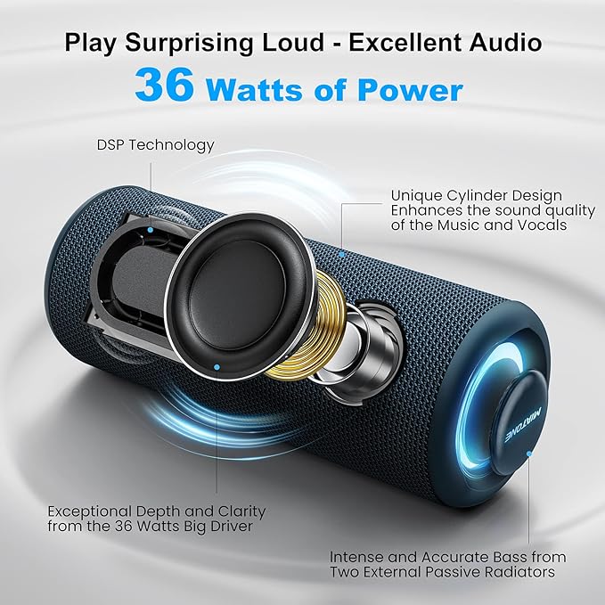MIATONE Portable Bluetooth Speakers 36W Stereo Sound Bass Boost, 24H Playtime, Bluetooth 5.3 TWS Pairing Father Boy Friend Gifts for him (Blue)