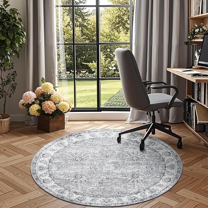 jinchan Round Rug 5ft Area Rug - Indoor Vintage Hallway Circle 5' Washable - Ultra-Thin Low Pile Soft Small Non Slip Distressed Floral Print for Living Room Dining Room Bedroom Entryway Grey