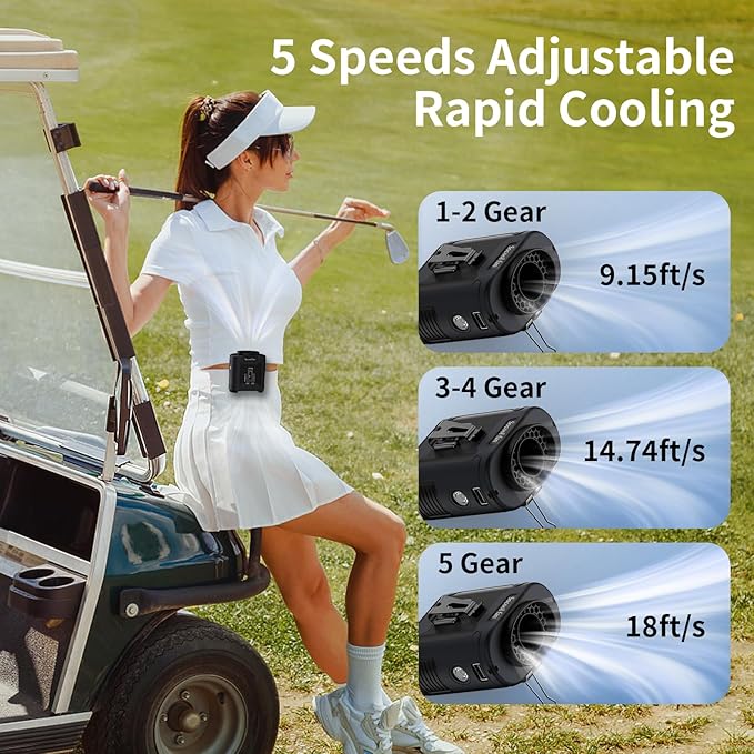 Socool 10000mAh Portable Waist Fan Clip on Wearable Belt Personal Fan Rechargeable Battery Operated With 5 Speeds & Flashlight Neck Hands-Free 40H Cooling For Outdoor Travel Camping Power Bank (Black)