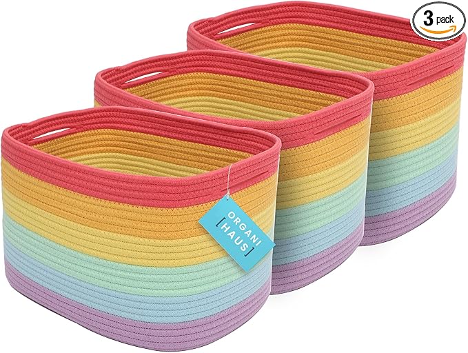 OrganiHaus 3-Pack Rope Rainbow Storage Baskets for Shelves | for Classroom and Nursery | Storage Bins & Toy Organizer for Baby Room