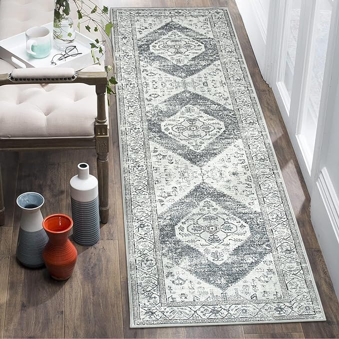 Lahome Boho Hallway Runner Rug 2x6, Washable Untra-Thin Non-Slip Kitchen Runner, Oriental Distressed Print Rug for Entryway Bathroom Laundry Room Bedroom, Grey