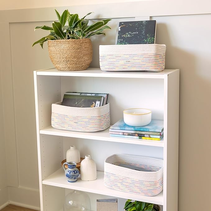 NaturalCozy 13.5”x8.5”x5.5” Rectangle Storage Baskets for Shelves 3 Pack | Cotton Rope Woven Small Baskets for Organizing | Small Storage Bins for Nursery, Bathroom, Closet, Shelf, Decorative