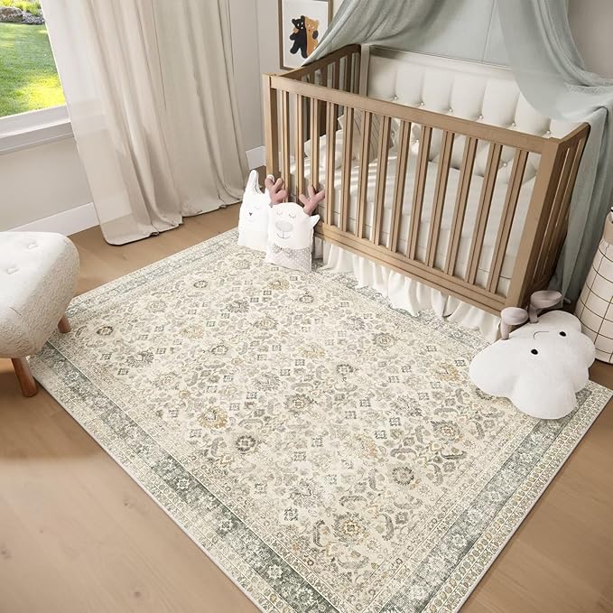 Washable 5x7 Area Rugs for Living Room, Boho Non-Slip Silicone Backing Rugs for Bedroom Dining Room Nursery Office, 0.3" Neutral Oriental Throw Carpet with 0.16" Cushioning Pad, Grey/Multi