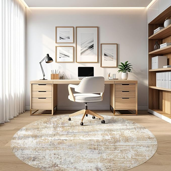 Round Rug Living Room Rugs: 10x10 Washable Circle Large Abstract Modern Soft Stain Resistant Non-Slip Indoor Floor Carpet for Bedroom Nursery Office Dining Room Playroom Home House Decor - Gray Gold