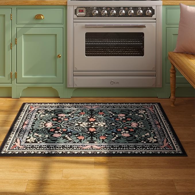 Door Mat Indoor Entrance 2x3 Rug Machine Washable Vintage Floral Botanical Small Area Rug Non-Slip Low Pile Throw Rugs for Entryway, Kitchen, Front Door Entrance, Entry, Kids Room, Black