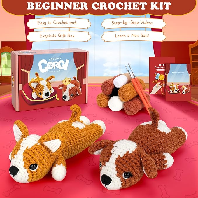 Crochet Kit for Beginners, 2 Adorable Corgi Dog Crochet Animals Kits, Easy Beginner Crochet Kit for Adults & Kids, Women & Men, DIY Craft Knitting Kit with All Supplies