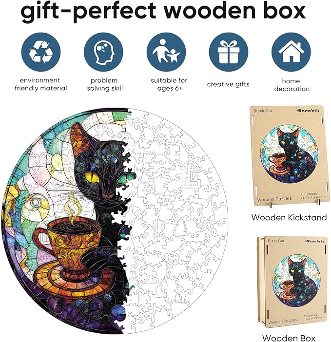Reouinty Wooden Puzzle for Adults, Black Cat Wooden Jigsaw Puzzles(11.2 * 11.2in-200pcs), Unique Animal Shape Wood Cut Puzzles Best Gift for Adults and Kids Family Game