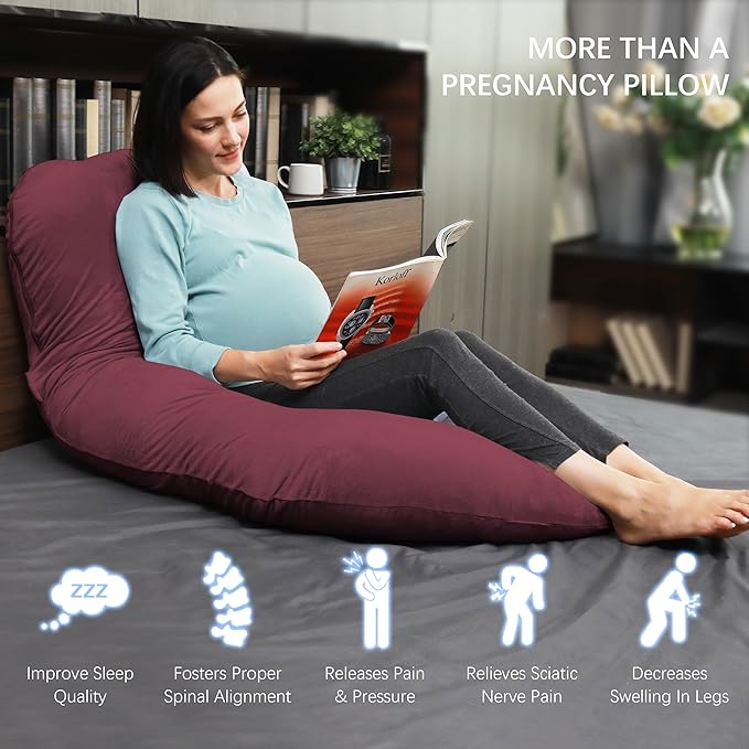 MOON PARK Pregnancy Pillows for Sleeping - U Shaped Full Body Maternity Pillow with Removable Cover - Support for Back, Legs, Belly, HIPS - 65 Inch - Burgundy