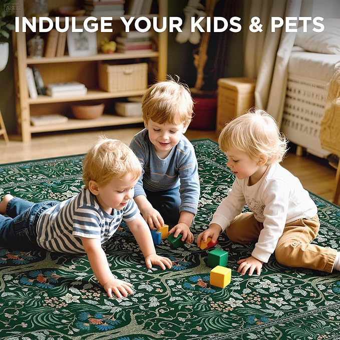 Joydeco Floral 5x7 Area Rugs for Living Room, Boho Dark Green Washable Rug Non Slip, Soft Low-Pile Botanical Forest Indoor Floor Throw Carpet for Office Dining Table Playroom Dorm