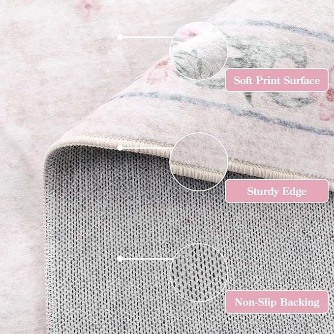 Wonnitar Floral Bow Print 8x10 Area Rugs, Washable Pink Rugs for Bedroom Girls, Boho Ultra-Thin Soft Non Slip Carpet for Nursery Living Room Kids Room Classroom Decor, Light Pink