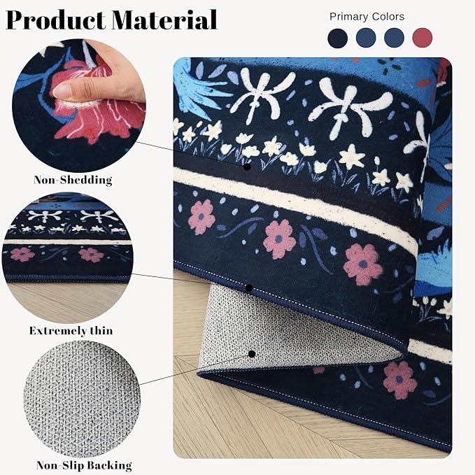 Runner Rug for Kitchen Rug Non Slip 2'x6' Washable Rugs with Rubber Backing Soft Vintage Floral Botanical Carpet Runner for Kitchen, Laundry, Bedroom, Bathroom, Blue