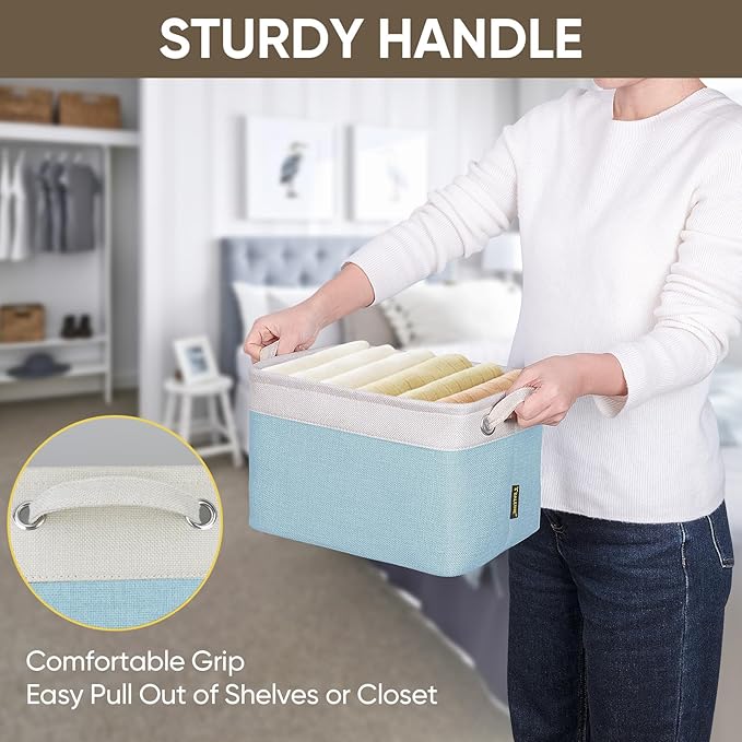 BALEINE 3 Pack Fabric Storage Bins for Shelves, Linen Storage Baskets for Organizing, Decorative Closet Bins for Clothes, Home (Skyblue, 12"x8"x8")
