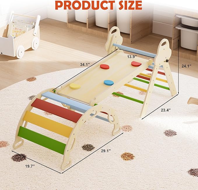 Pikler Triangle Set 7in1 Toddler Climbing Toys Indoor Foldable Baby Climbing Toys Wooden Montessori Climbing Set with Arch, Ramp, Ladder for 1-3 Years, Jungle Gym for Kids