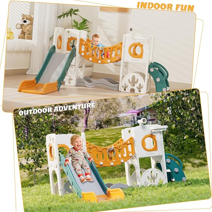 KORIMEFA 10 in 1 Toddler Slide Set, Kids Slide for Toddlers, Outdoor Indoor Playground for Toddlers 1-3, Toddler PlaySet with Basketball Hoop and Ball Golf Set, Climbing Arch(Yellow & Green)