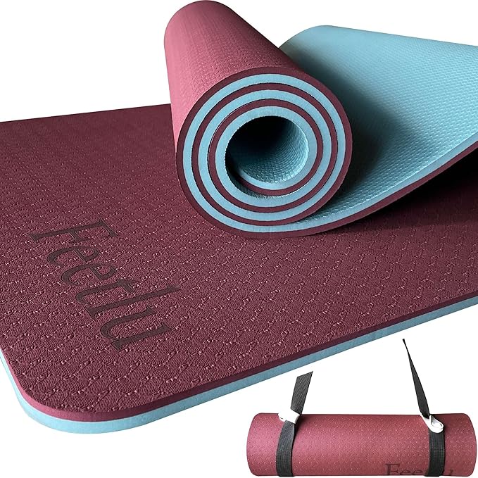 Extra Thick Exercise Yoga Mat with Strap - 2/5 Inch (10MM), Non-Slip Workout Mat for Yoga, Pilates, and Floor Exercises