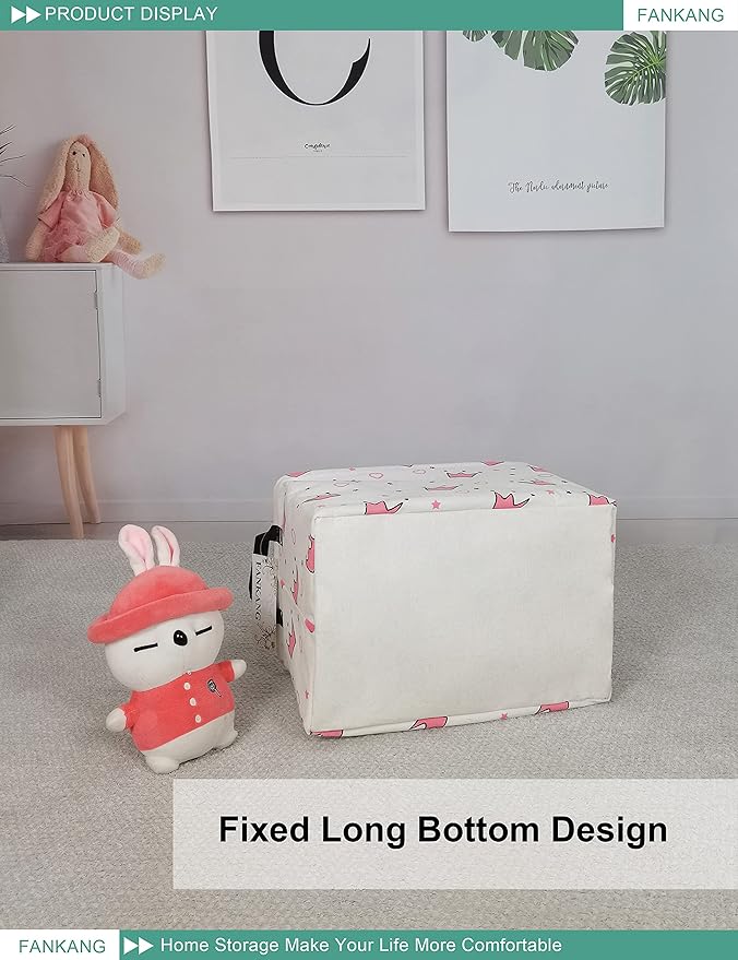 FANKANG Storage Bins, Nursery Hamper Canvas Laundry Basket Foldable with Waterproof PE Coating Large Storage Baskets for Kids Boys and Girls, Office, Bedroom, Clothes,Toys(Rec-pink crowns)