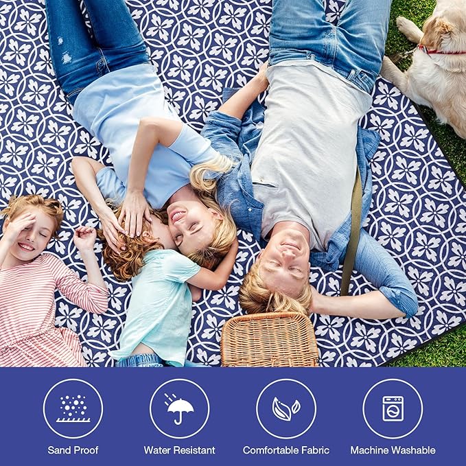 Picnic Blanket, 80''x80'' Waterproof Outdoor Blankets, Picnic Mat Washable for Beach, Picnic Blankets for Camping on Grass with Shoulder Strap - NavyBlue