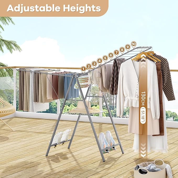 APEXCHASER Drying Rack Clothing, Clothes Drying Rack Foldable, Metal Laundry Drying Rack Collapsible for Sweater Towel Indoor & Outdoor, Height Adjustable Gullwing Clothes Airer, Grey