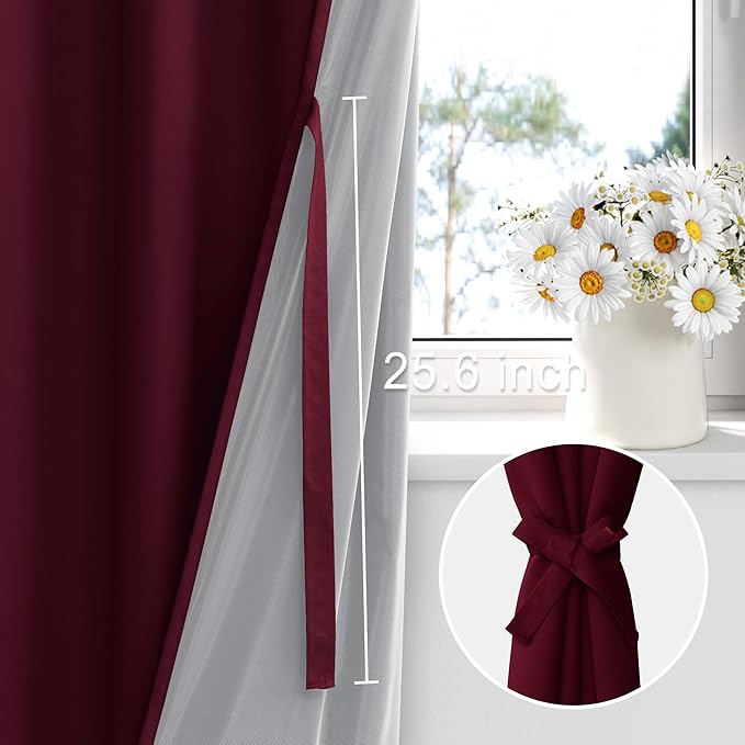 XWZO 100% Blackout Curtain Panels - Rod Pocket Thermal Insulated Black Liner Curtains, Noise Reducing and Heat Blocking Drapes for Hall and Studio Windows with Tiebacks, Burgundy, W42 x L63, Set of 2