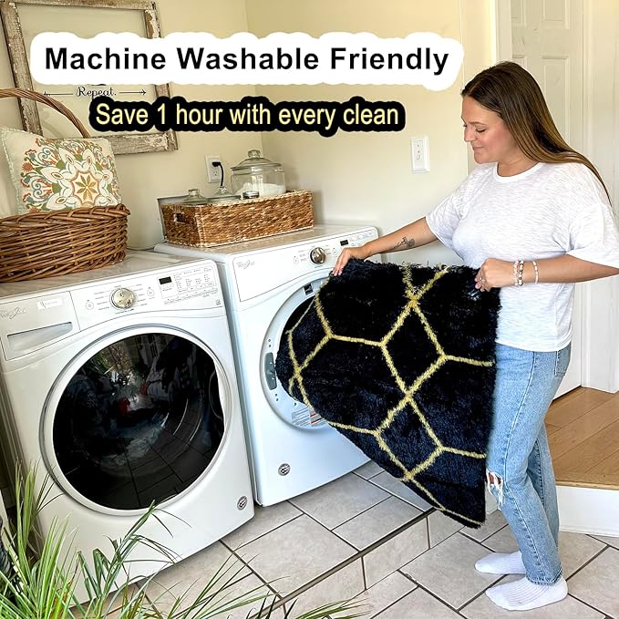 ONASAR Area Rugs for Bedroom Living Room, Washable 4x6 Fluffy Black and Gold Throw Rug, Shaggy Geometric Floor Mat for Home Decor, Soft Plush Carpet for Kids Teen Playroom Dorm Classroom Office