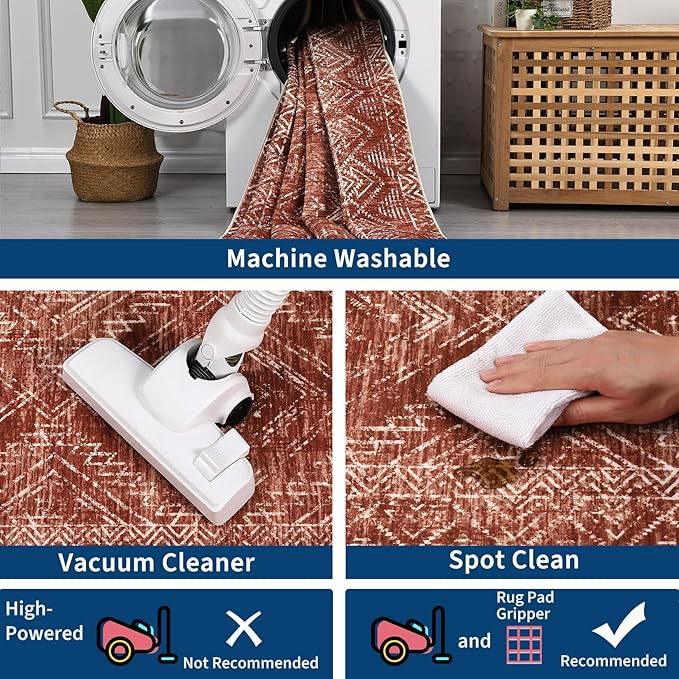 COZYLOOM Large Living Room Rugs 9x12 Machine Washable Area Rugs Modern Abstract Floor Cover Non Slip Stain Resistant Geometric Mats for Bedroom, Nursery, Office, Brick Red