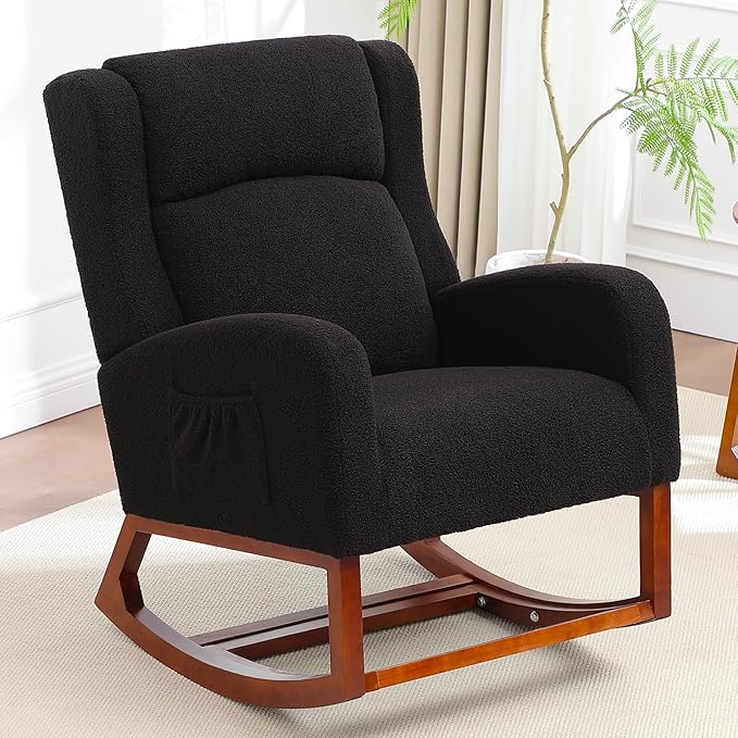 Rocking Chair Nursery, Nursing Rocking Chairs for Mom Nursery, Comfy Wingback Glider Rocking Armchair with Foot Rest and Side Pocket for Nursery Living Room Bedroom, Walnut Black