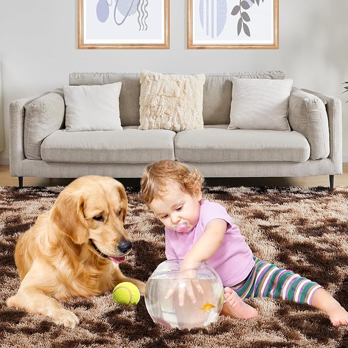 8x10 Area Rugs for Living Room, Ultra Soft Fluffy Rugs for Bedroom, Anti-Skid High Pile Indoor Carpet for Nursery, Kids Room, Playroom, Home Decoration, Tie-Dyed Brown