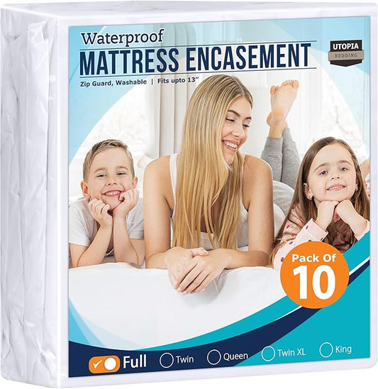 Utopia Bedding Zippered Mattress Encasement Full Size (Pack of 10), 100% Waterproof, Dust Mite and Bed Bug Proof Mattress Protector, Absorbent 6-Sided Mattress Cover