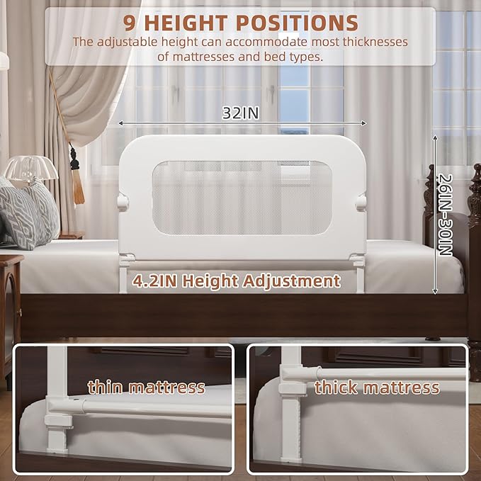 Bed Rail for Toddlers, Baby Bed Rail Guard for Kids, Toddler Bed Rails with Reinforced Anchor Fit, Height Adjustable & Foldable Bed Rail Guard for Twin, Full, Queen & King Beds (White, 32IN)