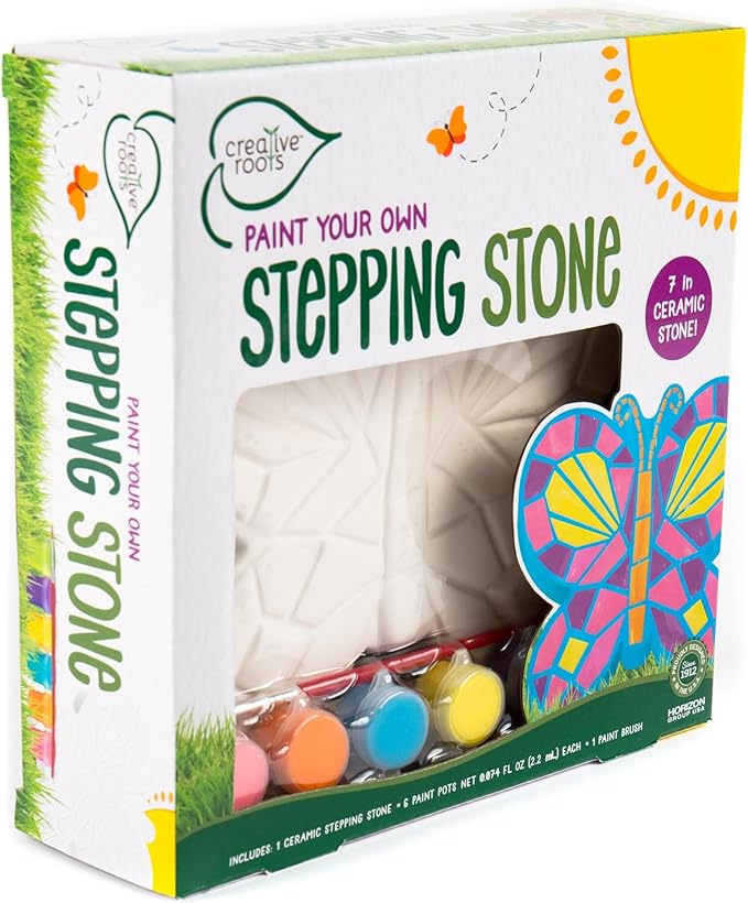 Creative Roots Mosaic Butterfly Stepping Stone Kit, Includes 7-Inch Ceramic Stepping Stone & 6 Vibrant Paints, Paint Your Own Stepping Stone, DIY Stepping Stone for Kids Ages 8+ White