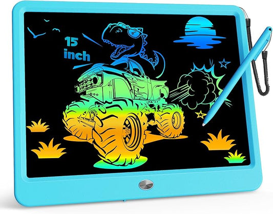 KOKODI 15 Inch LCD Writing Tablet with Anti-Lost Stylus, Erasable Doodle Board Colorful Toddler Drawing Pad, Car Travel School Games Toys for 3 4 5 6 7 8 Kids, Birthday Gift for Girls Boys Blue