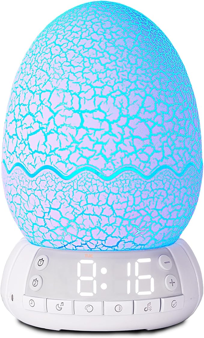 Upgraded Dinosaur Egg Alarm Clock/Digital Clock/Night Light/Music & White Noise Aid Sleep Machine/Bluetooth Speaker, Decor Ideal & Unique Lamp for Bedroom/Living Room, Gifts for Kids
