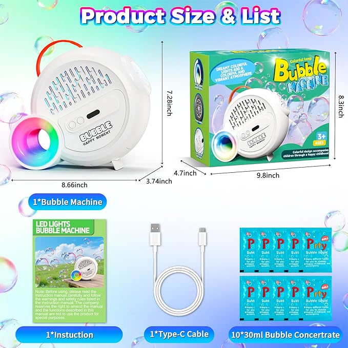 Rechargeable Bubble Machine with Upgrade RGB LED 16 Million Colors, 20000+ Bubbles Per Minute, Portable Bubble Maker for Kids, Weddings, Birthday Parties, Outdoor, Plug in or Battery Power