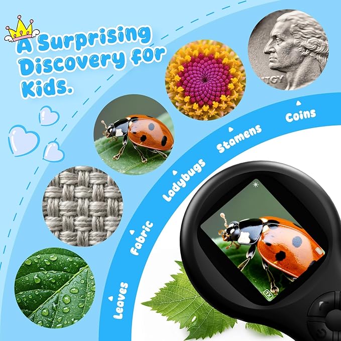 Magnifying Glass - Mini LED Pocket Microscope for Kids(5-10 Years) - Educational Science Kit Durable Design - Ideal Gift for Girls (Black)