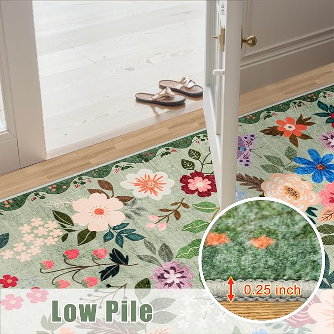 Entryway Rug 2X3 Small Rugs: Floral Washable Door Mat Vintage Soft Low Pile Non-Slip Kitchen Rugs Stain Resistant Indoor Throw Rug for Entrance, Bedroom, Kitchen, Laundry, Bathroom Green