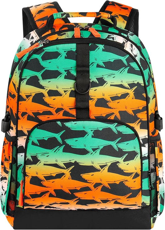 Choco Mocha Shark Backpack for Boys, Elementary School Backpack for Boys Ages 6-8 Kids Kindergarten Backpack Bookbag 17 Inch with Chest Strap