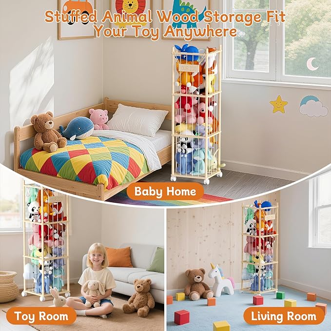 Stuffed Animal Toy Storage, 53 Inch Tall Wooden Toy Storage Rack Space-Saving Plushie Toy Organizers and Storage on Playhouse,Playroom,Bedroom -No Tools Easy Assembly