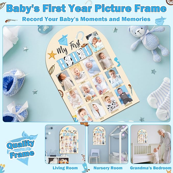 R HORSE 3D My First Rodeo Birthday Wood Photo Display Board, Blue Cowboy Baby's First Year Picture Frame, 1-12 Months Milestone Board Birthday Decorations Keepsake Gift for Baby Boys Nursery Decor