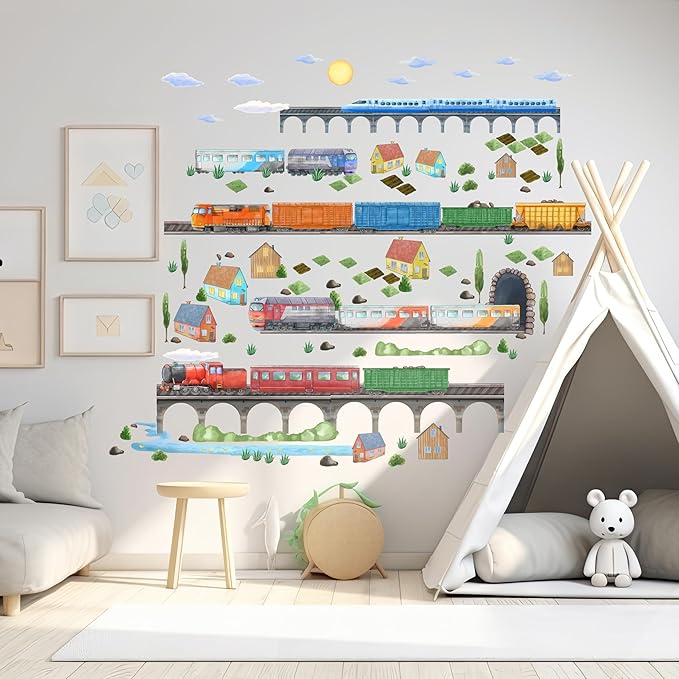 Train Wall Decals for Kids by Lipastick - Educational Railroad Wall Stickers for Boys and Girls - Peel and Stick Locomotive, Carriage, Wagon Wall Decals for Nursery, Playroom, Bedroom Decor -XXL Size