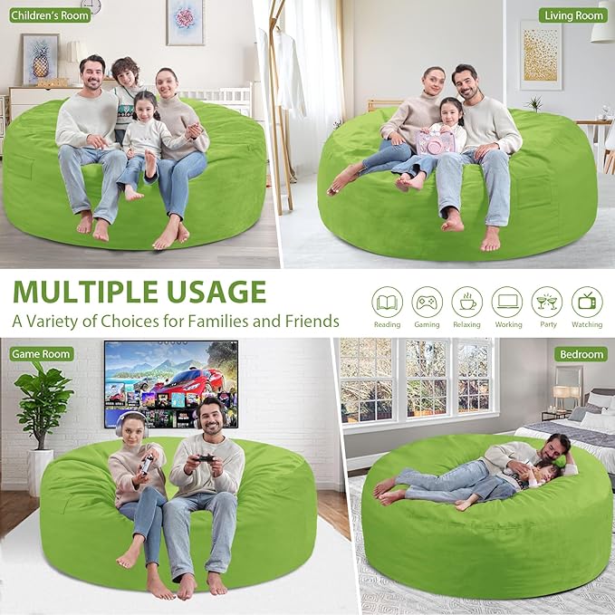 6FT Bean Bag Chair, Large Bean Bag Chairs with Memory Foam Filled, Fluffy Beanbag Sofa with Dutch Velvet Cover, Round BeanBag Chairs for Living Room, Playroom - Lime