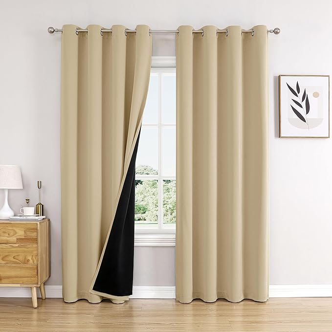 ChrisDowa 100% Blackout Curtains 80 inch Long for Bedroom with Black Liner, 2 Thick Layers Total Blackout Thermal Insulated Grommet Window Curtains 2 Panels Set (Beige, 52 x 80 Inch)