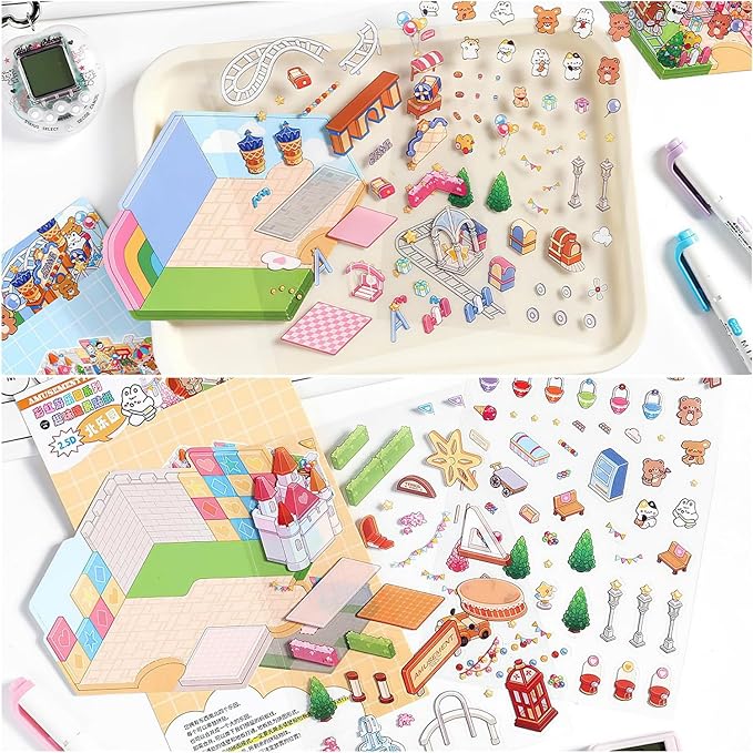 DIY 3D House Stickers, Cute 3D Cartoon Scene for Adult Kids Relief Stress Pass The Time,Cute Make Your Own House Stickers for Gifts Paint by Sticker.(4 Set)