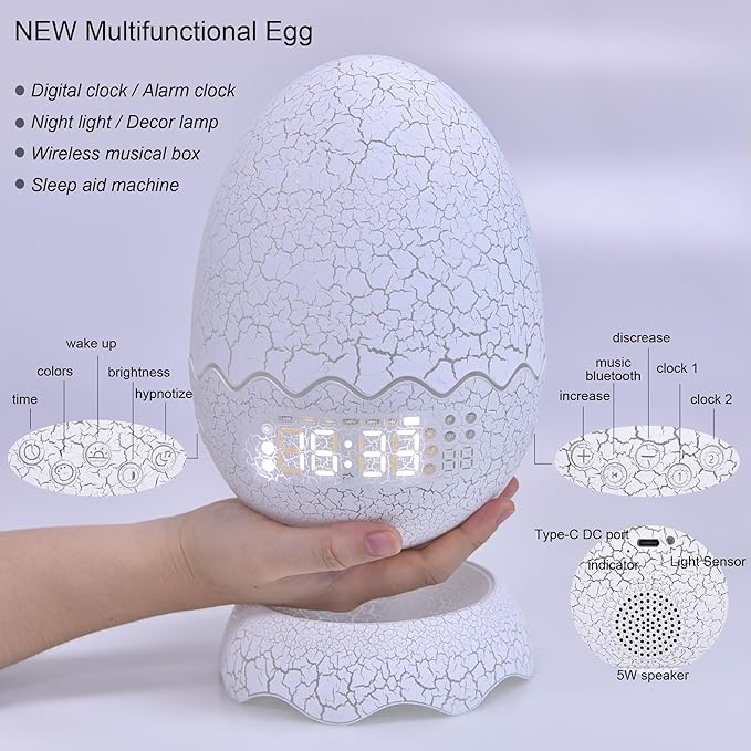 Unique Dragon Egg Digital Clock Ok to Wake Up Alarm Clock with Night Light / Lullaby White Noise / Bluetooth Speaker, Remote Control 16 Colors & Brightness & Volume, Cool Dragon Gift for Kids/Adult