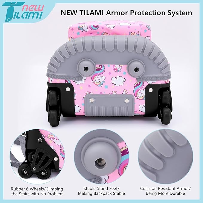 NEW TILAMI 18" Kids Rolling Backpack for School - Waterproof, Durable, Stair-Climbing, Variety of Colors Patterns for Girls & Boys, Cute Pink Unicorn